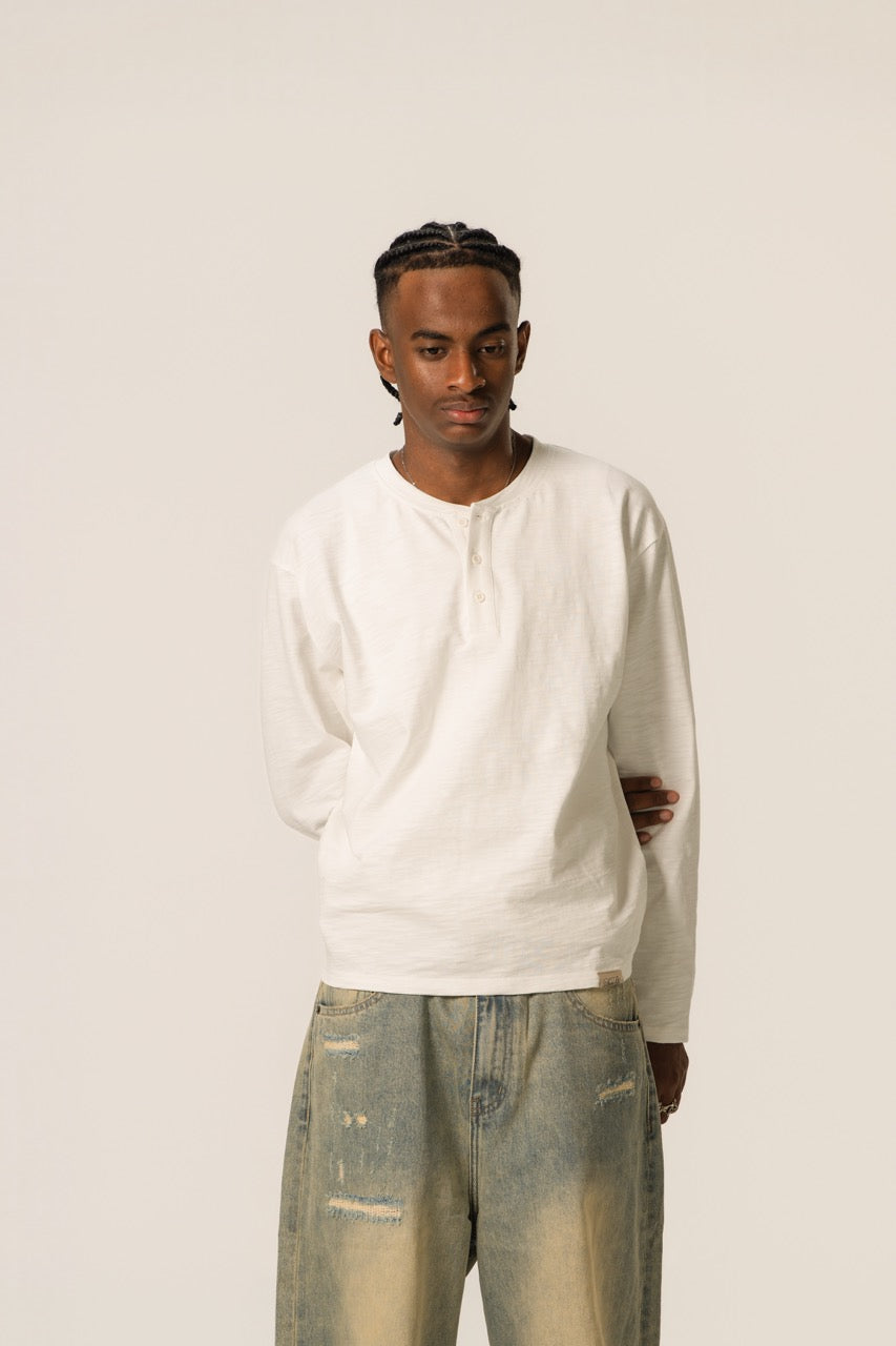 Slub Henley Sweatshirt - White