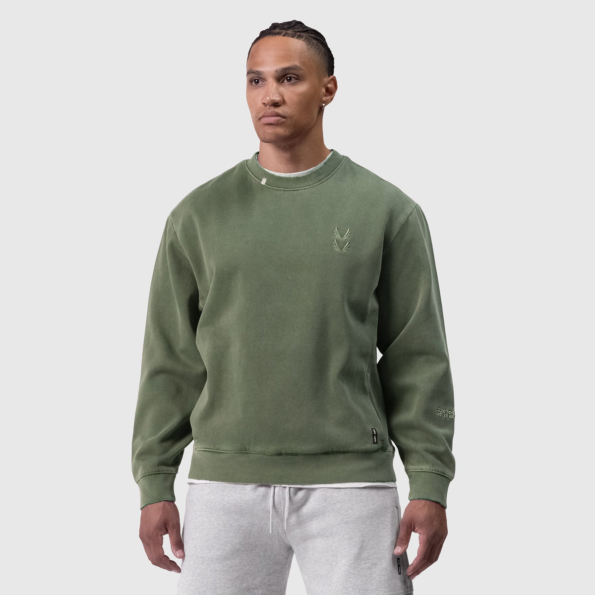 0861. Tech Essential™ Distressed Crewneck - Faded Olive