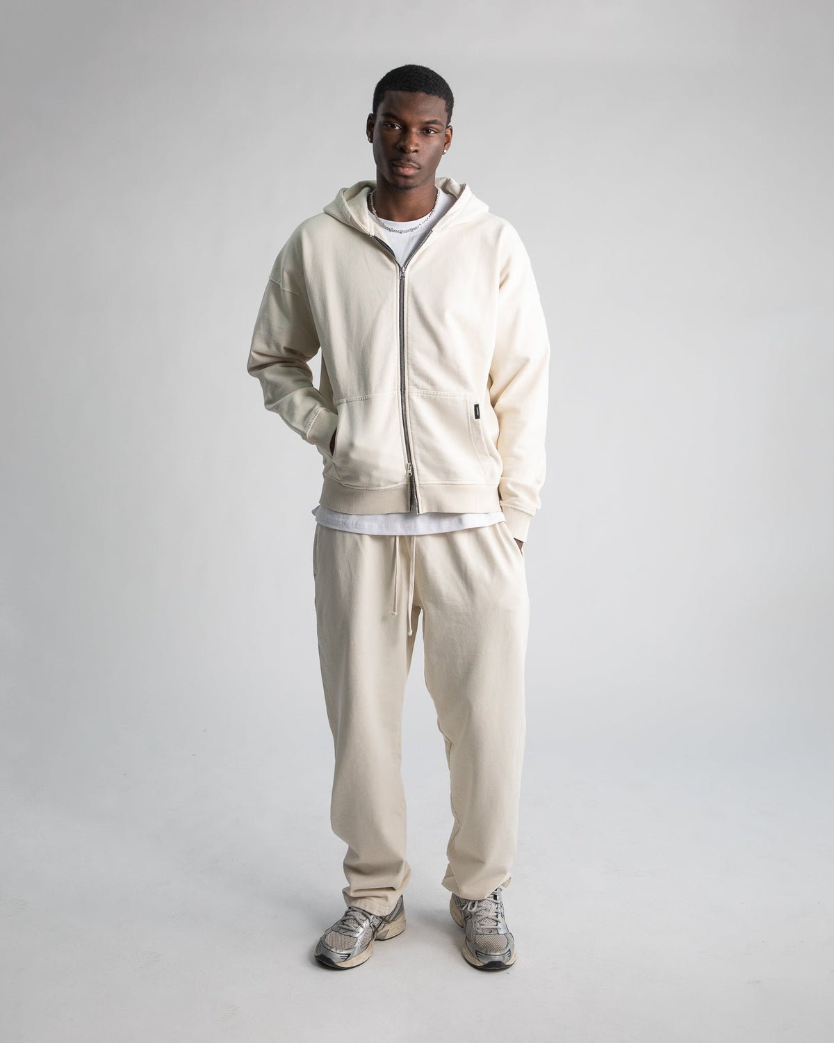 Drop Shoulder Zip Hoodie - Vintage Bone