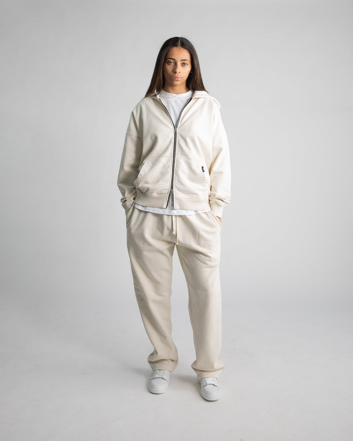 Drop Shoulder Zip Hoodie - Vintage Bone