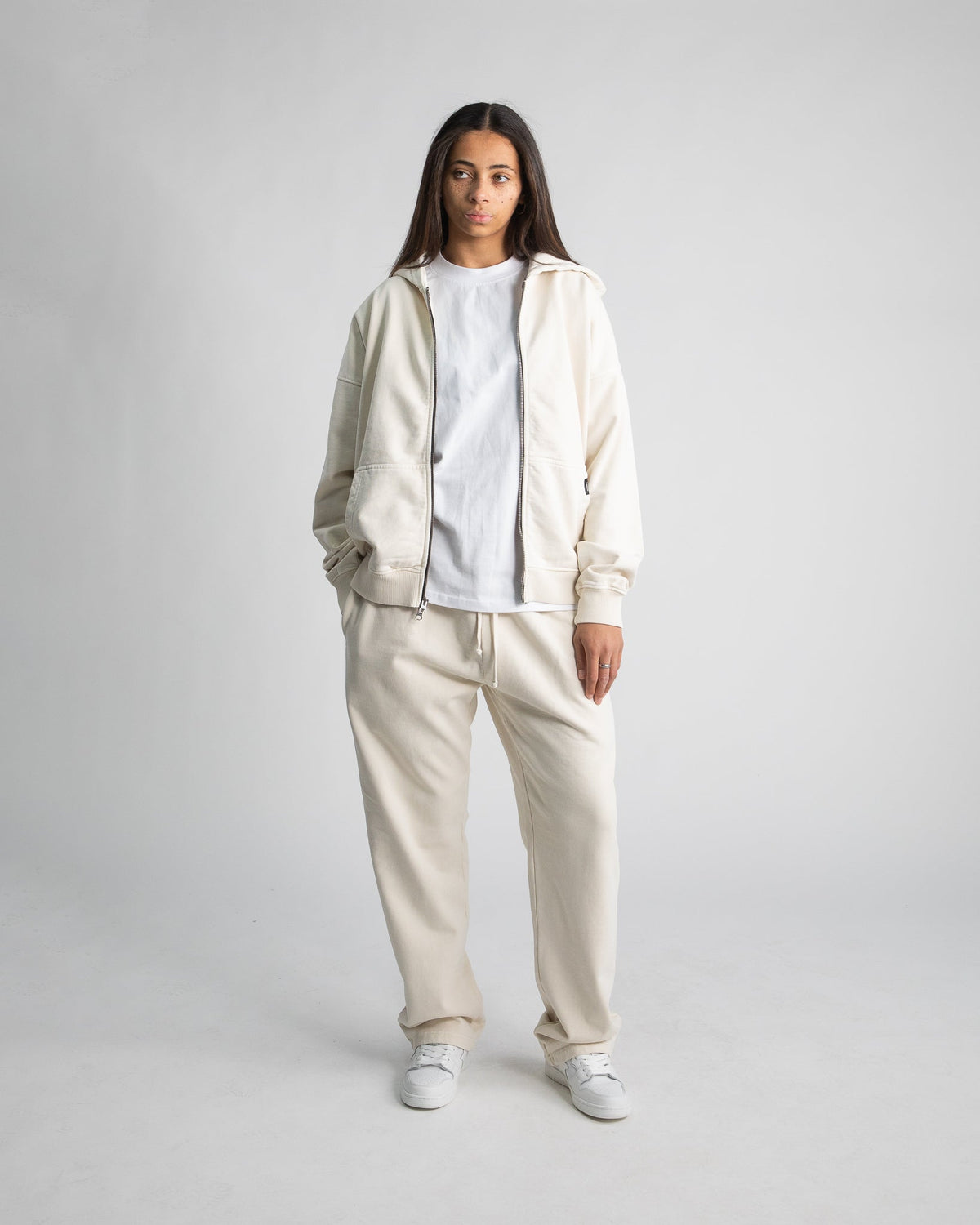 Drop Shoulder Zip Hoodie - Vintage Bone