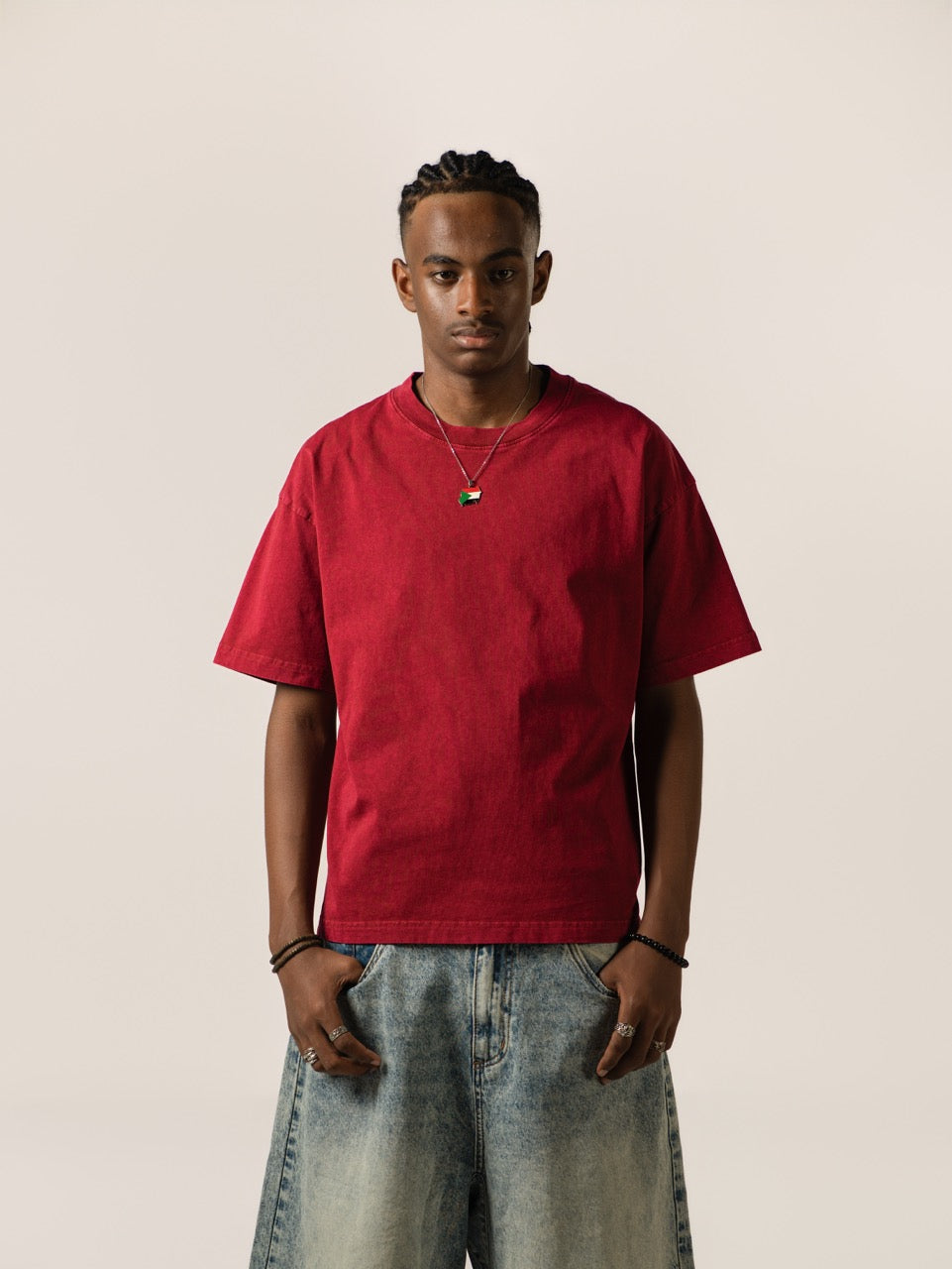 Drop Shoulder T-shirt - Burgundy Red