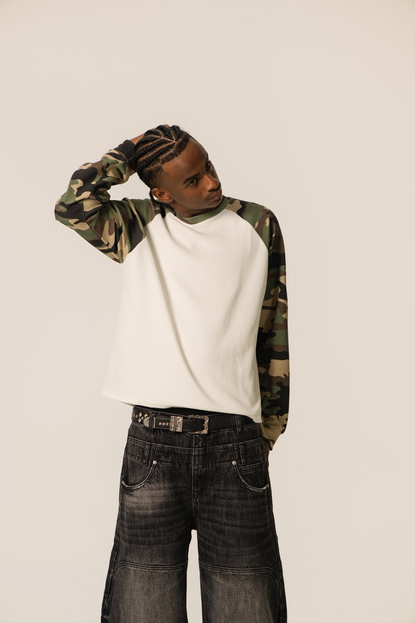 Raglan Waffle Sweatshirt - GreenCamo
