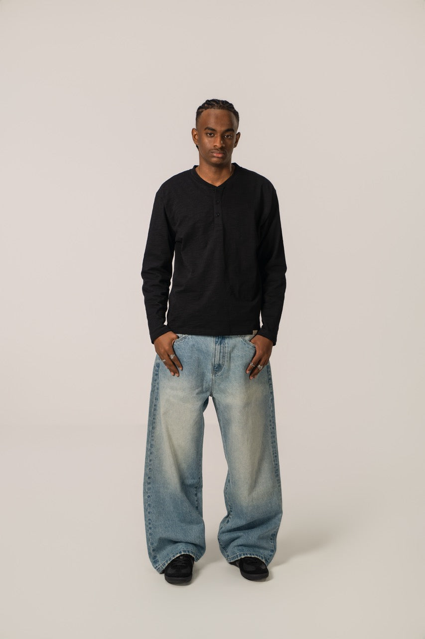 Slub Henley Sweatshirt - Black