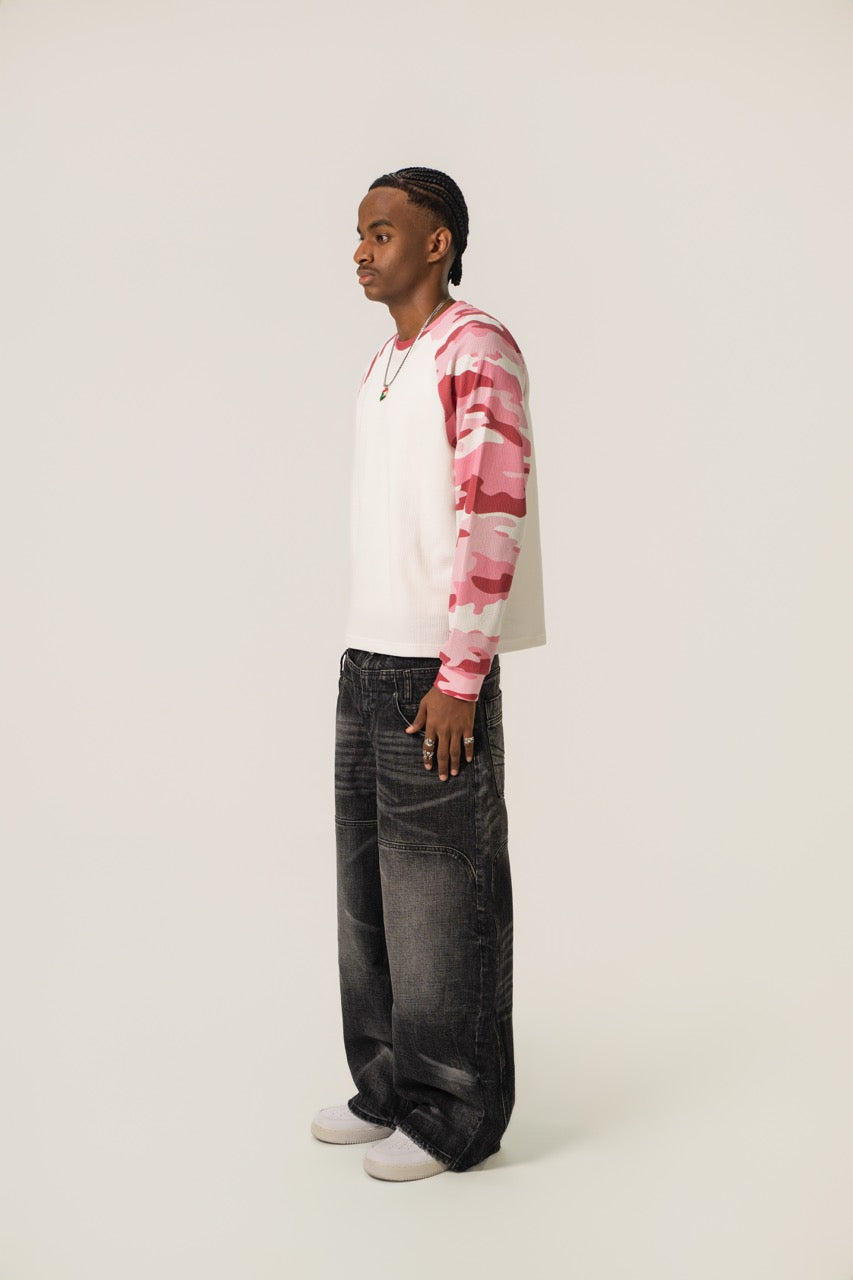 Raglan Waffle Sweatshirt - PinkCamo