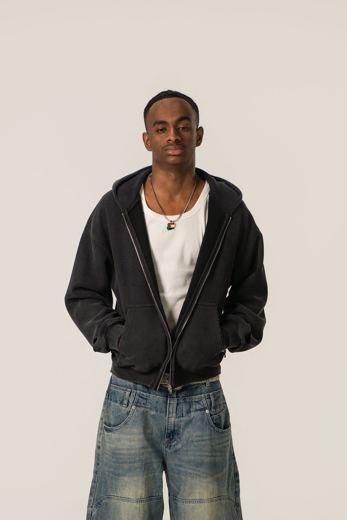 Distressed Waffle Zip up - Vintage