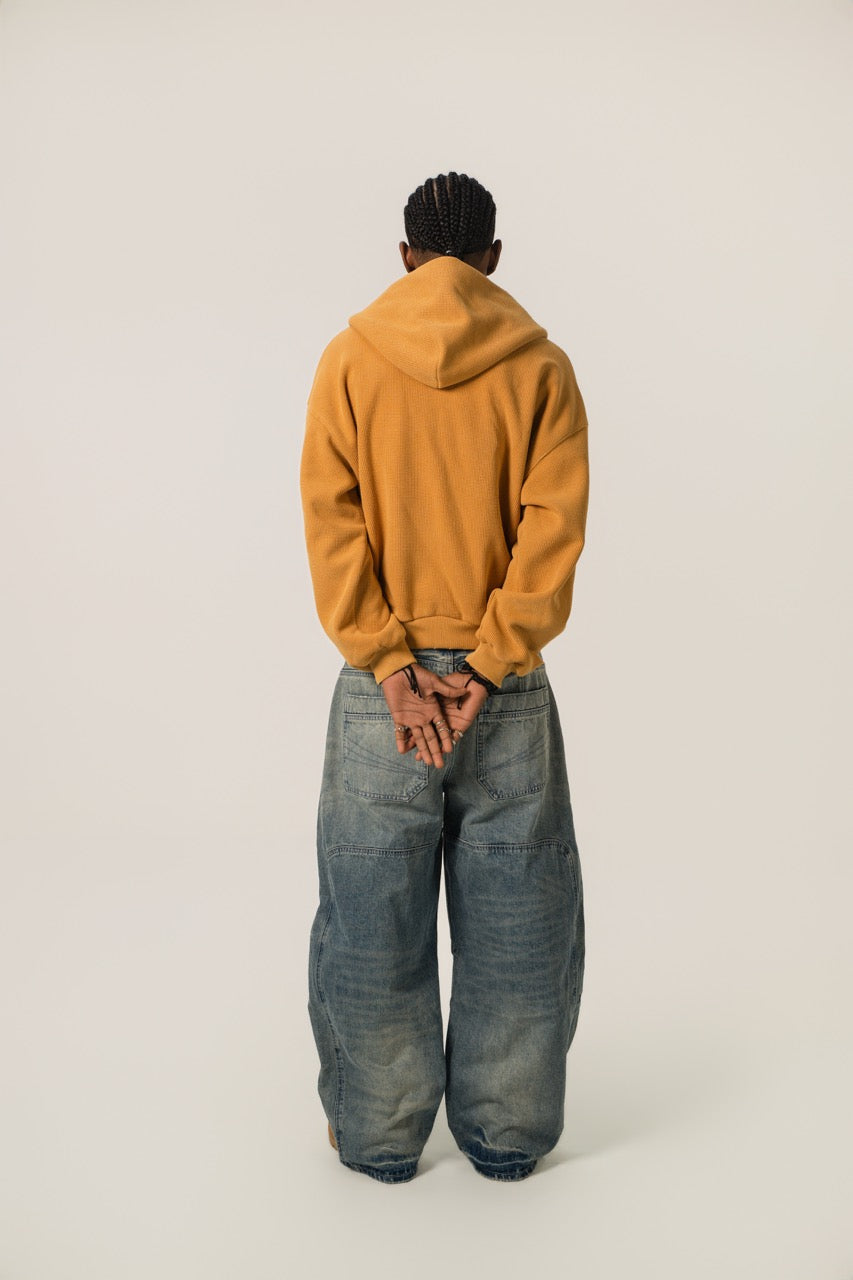 Distressed Waffle Zip up - Gold