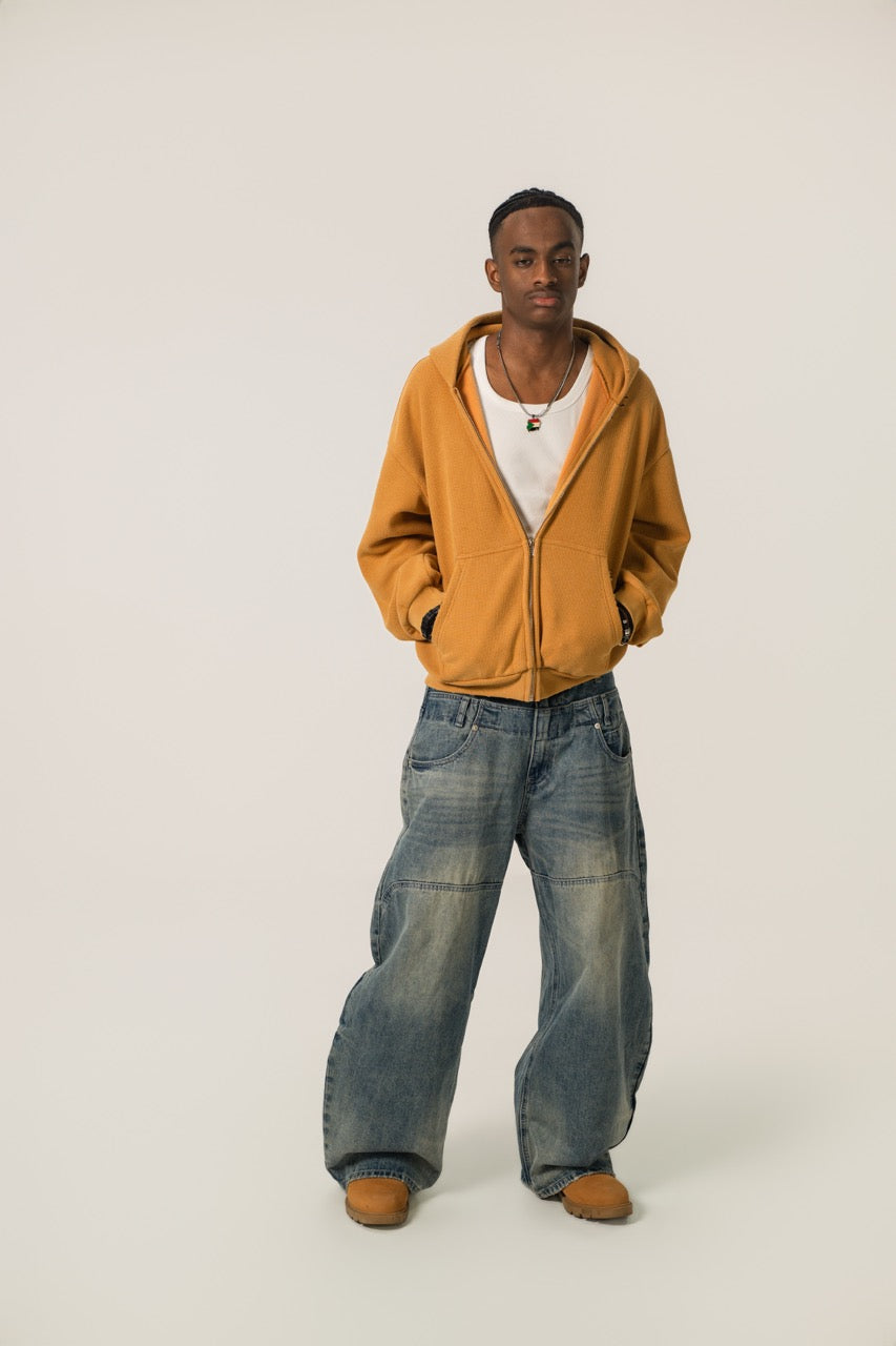 Distressed Waffle Zip up - Gold