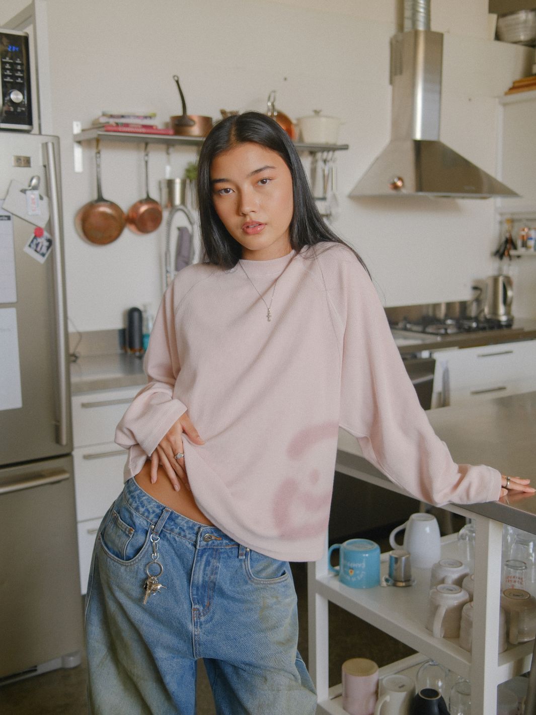 SMILEY WAFFLE LONG SLEEVE TEE - COTTON CANDY PINK