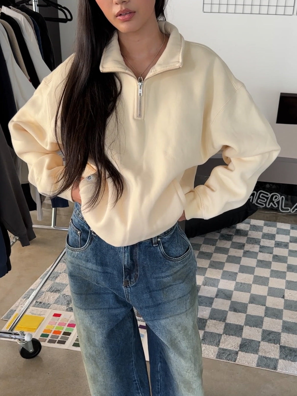 SIGNATURE BASIC QUARTER ZIP - CREAM
