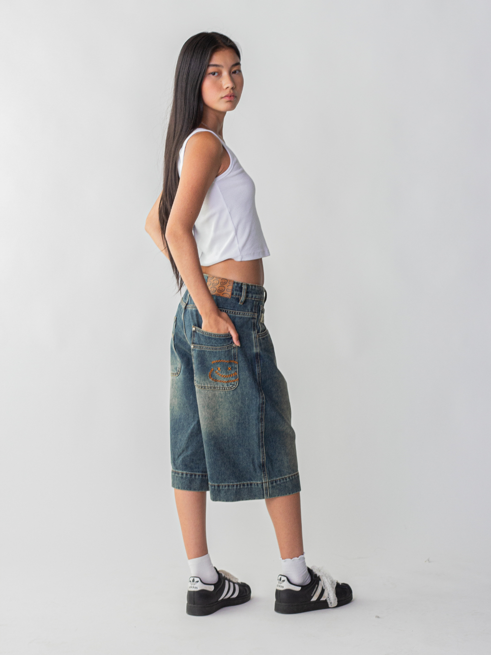 SMILEY STITCH JORTS - VINTAGE BLUE
