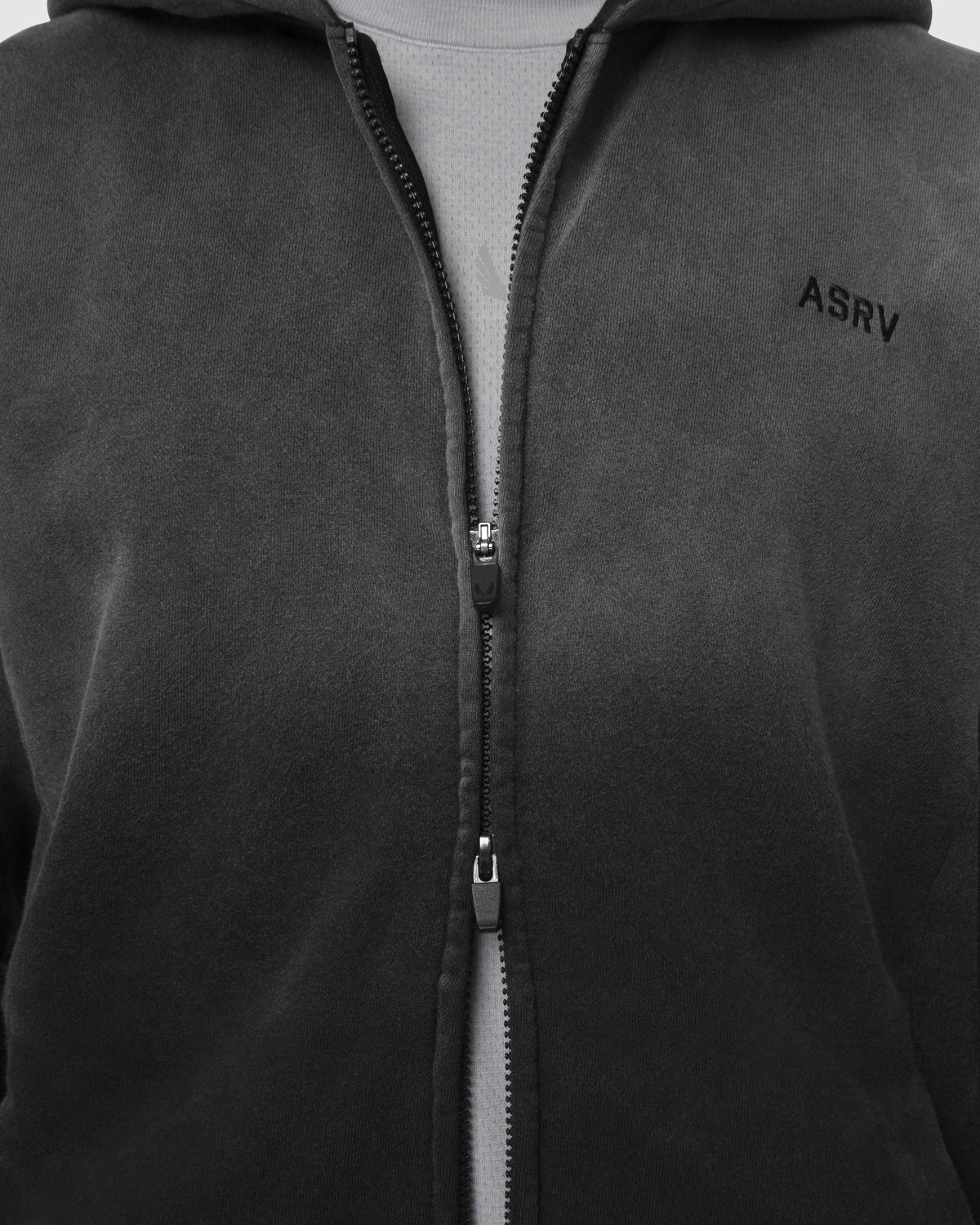 0843. Tech Essential™ Distressed Full Zip Hoodie - Black Sun Fade