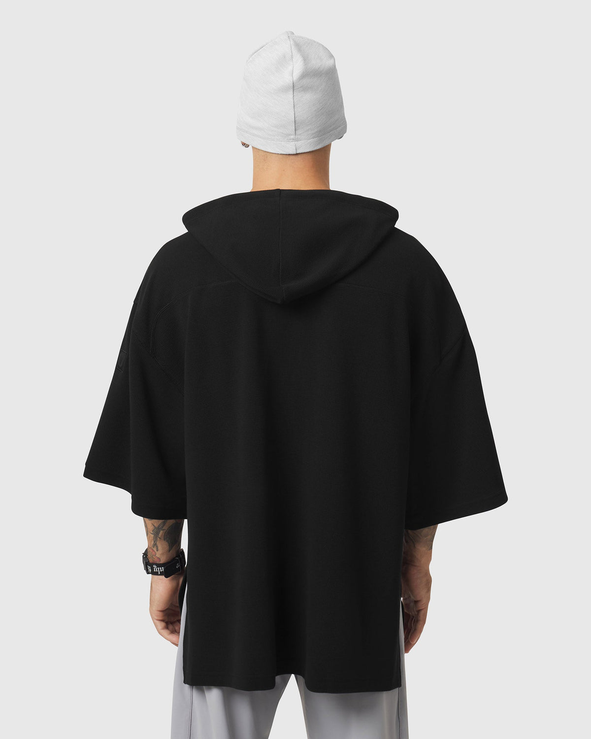 1204. Tech-Waffle™ Short Sleeve Oversized Hoodie - Black