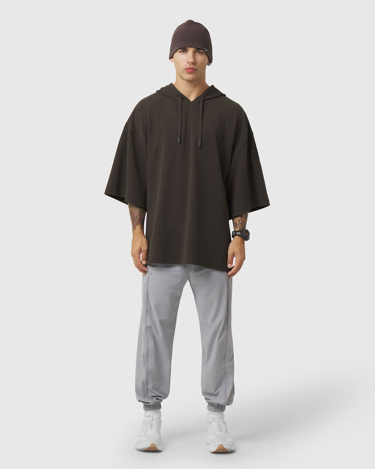 1204. Tech-Waffle™ Short Sleeve Oversized Hoodie - Dark Earth
