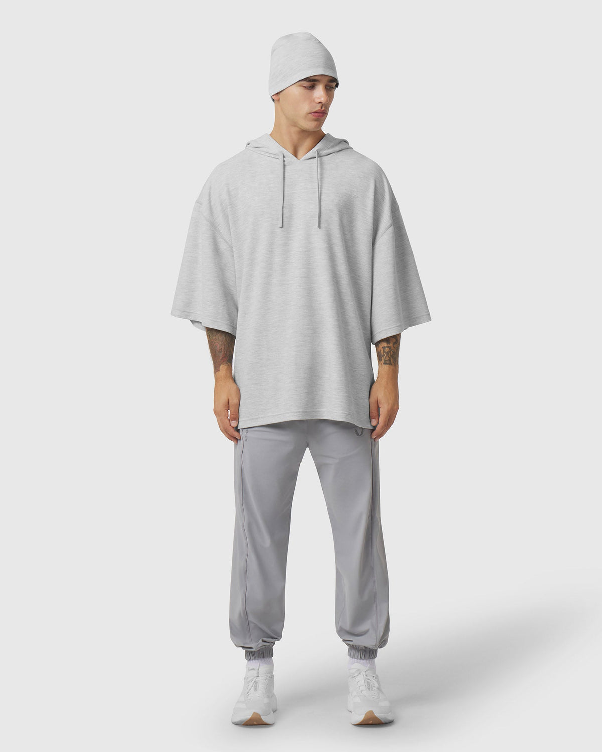 1204. Tech-Waffle™ Short Sleeve Oversized Hoodie - Heather Grey