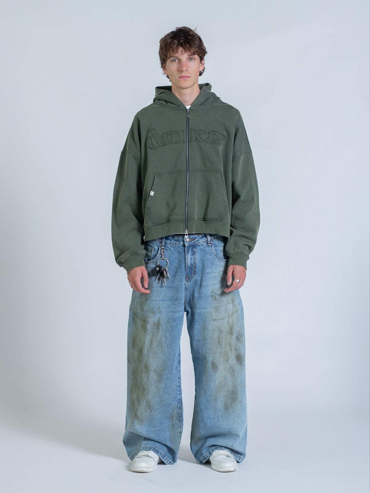 DISTRESSED LOGO ZIP UP - FADED PINE