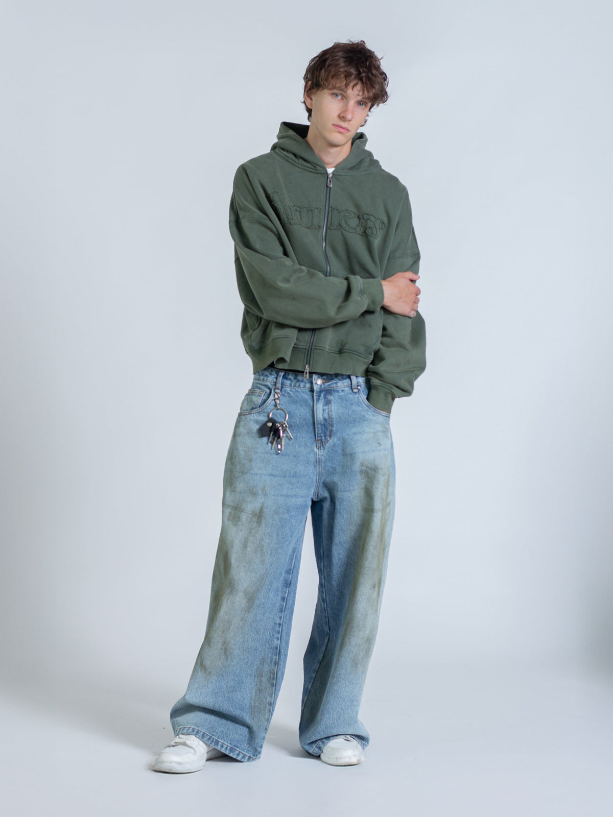 DISTRESSED LOGO ZIP UP - FADED PINE