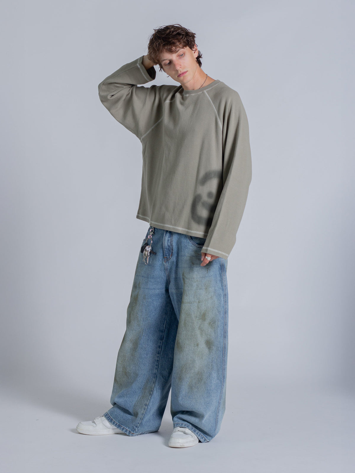 SMILEY WAFFLE LONG SLEEVE TEE - SAGE SMOKE