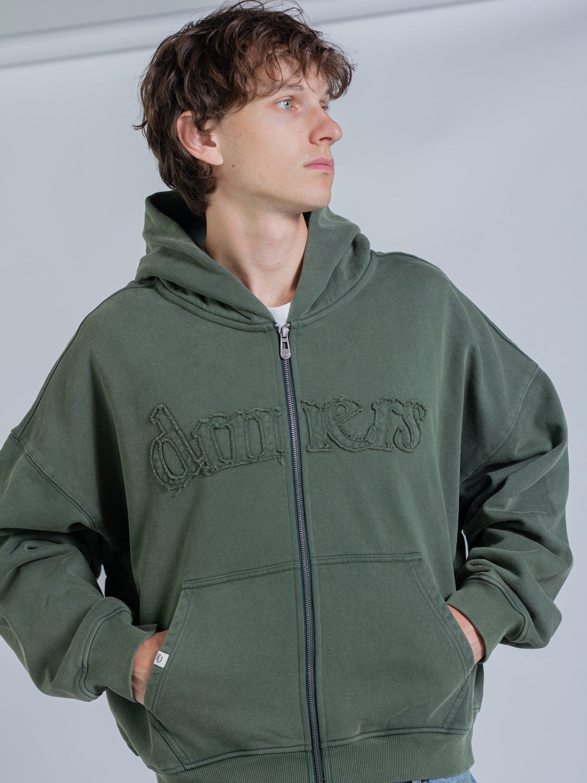 DISTRESSED LOGO ZIP UP - FADED PINE