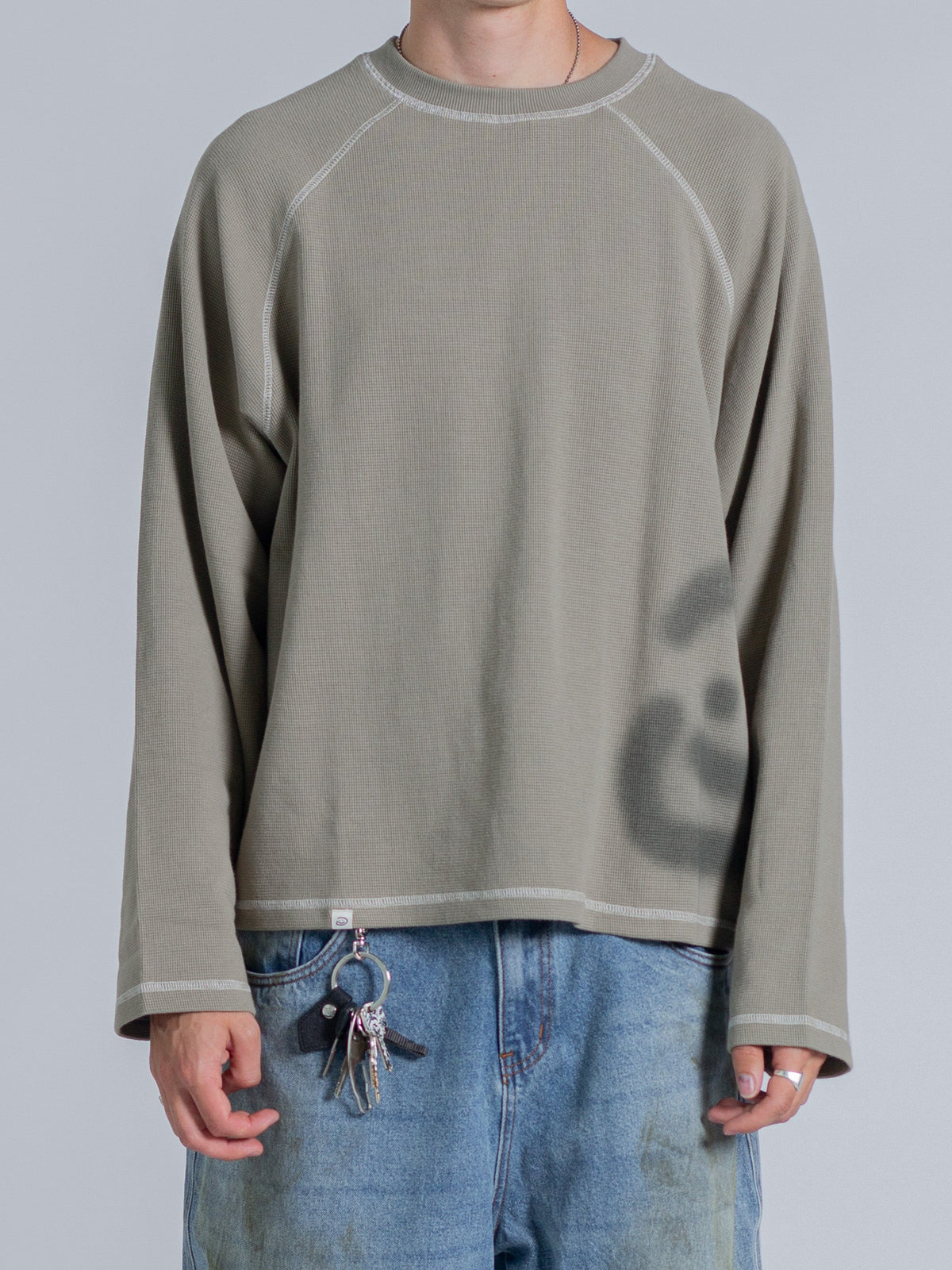 SMILEY WAFFLE LONG SLEEVE TEE - SAGE SMOKE