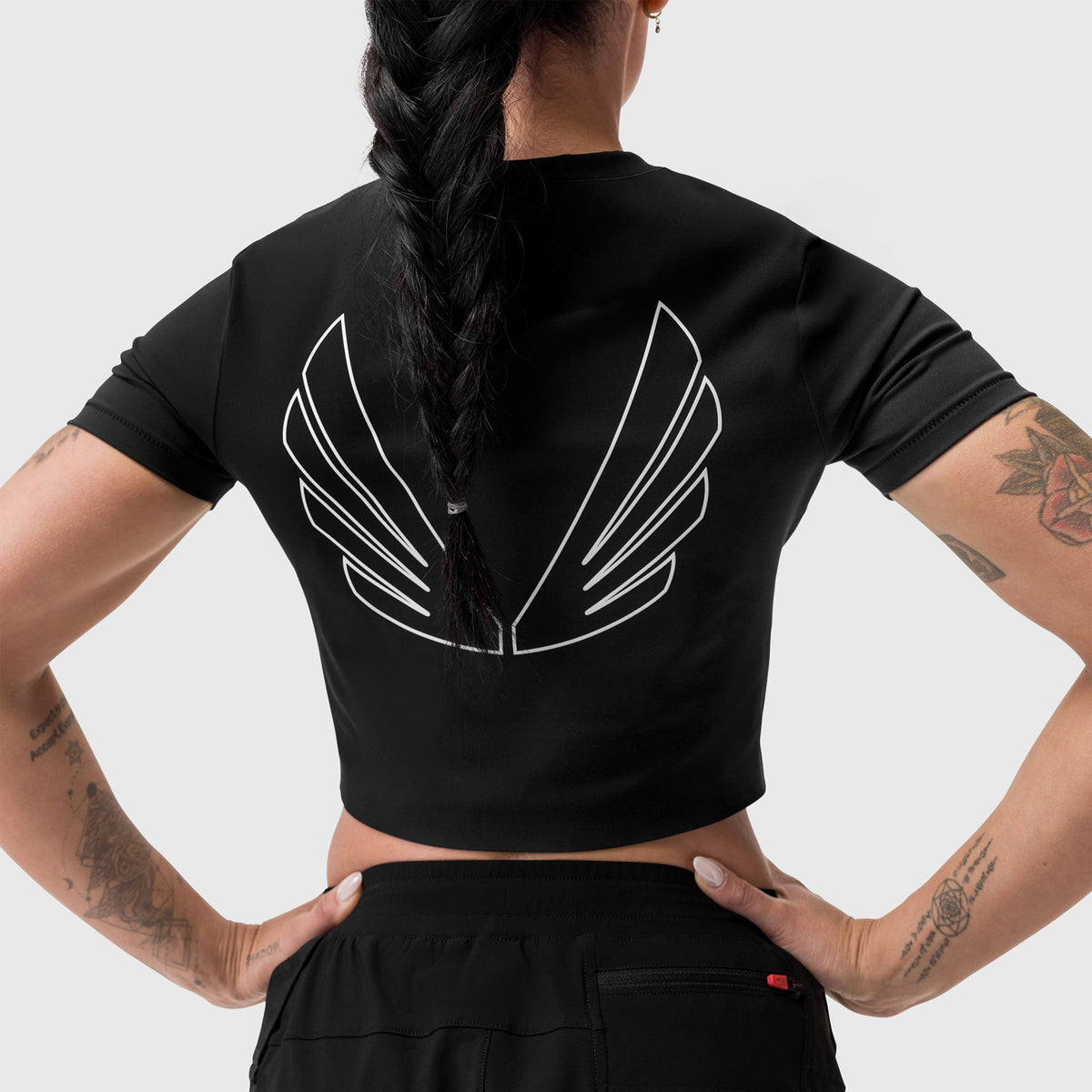 W019. LYCRA® Cropped Tee - Black "Big Wings"