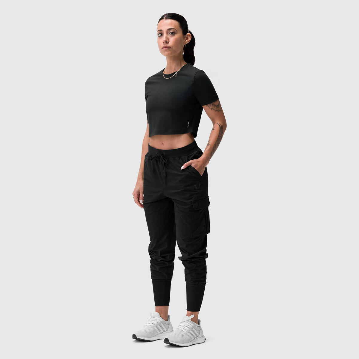 W019. LYCRA® Cropped Tee - Black "Big Wings"
