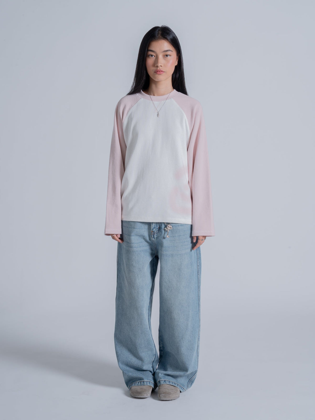 SMILEY WAFFLE BASEBALL LONG SLEEVE - COTTON CANDY PINK