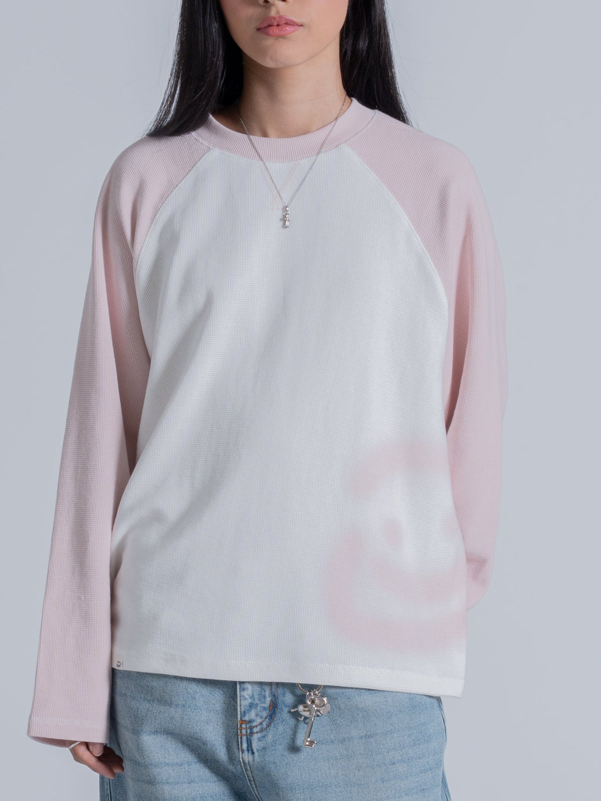 SMILEY WAFFLE BASEBALL LONG SLEEVE - COTTON CANDY PINK