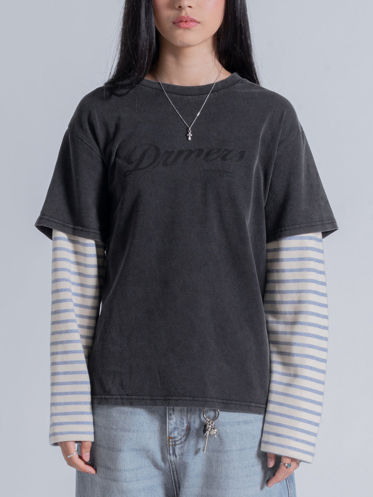 STRIPED SLEEVE LAYERED TEE - VINTAGE BLACK