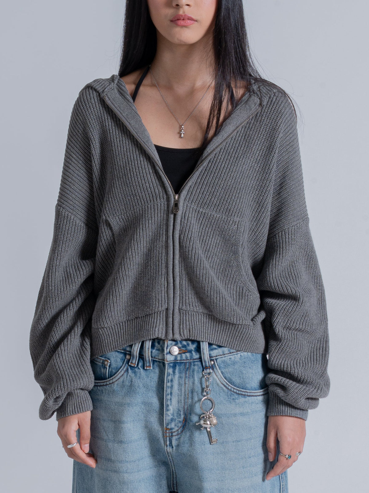SMILEY KNITTED ZIP - DARK HEATHER GREY