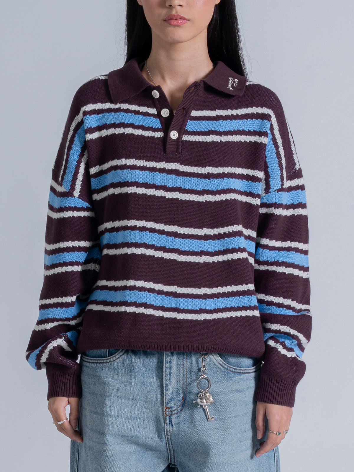 PIXEL WAVES KNIT POLO - PLUM