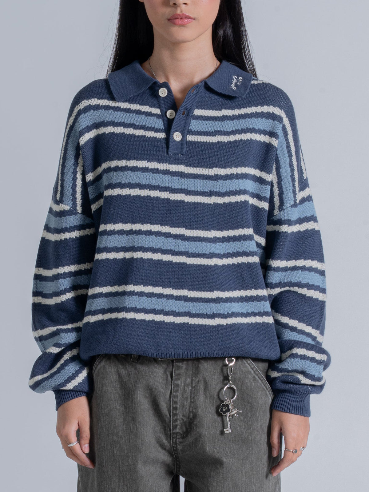 PIXEL WAVES KNIT POLO - BLUE