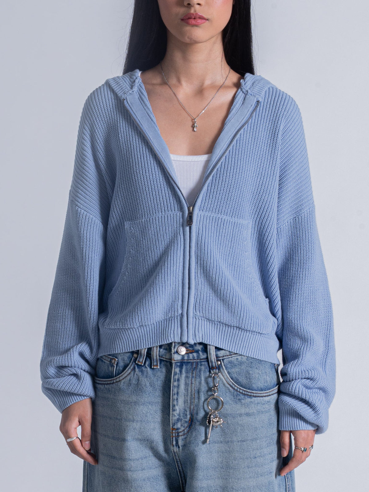 SMILEY KNITTED ZIP - POWDER BLUE