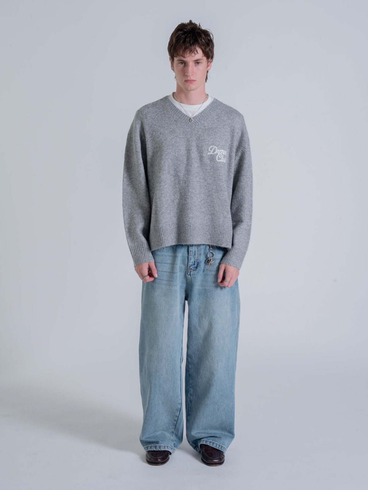 SLOUCHY V-NECK KNIT - GREY