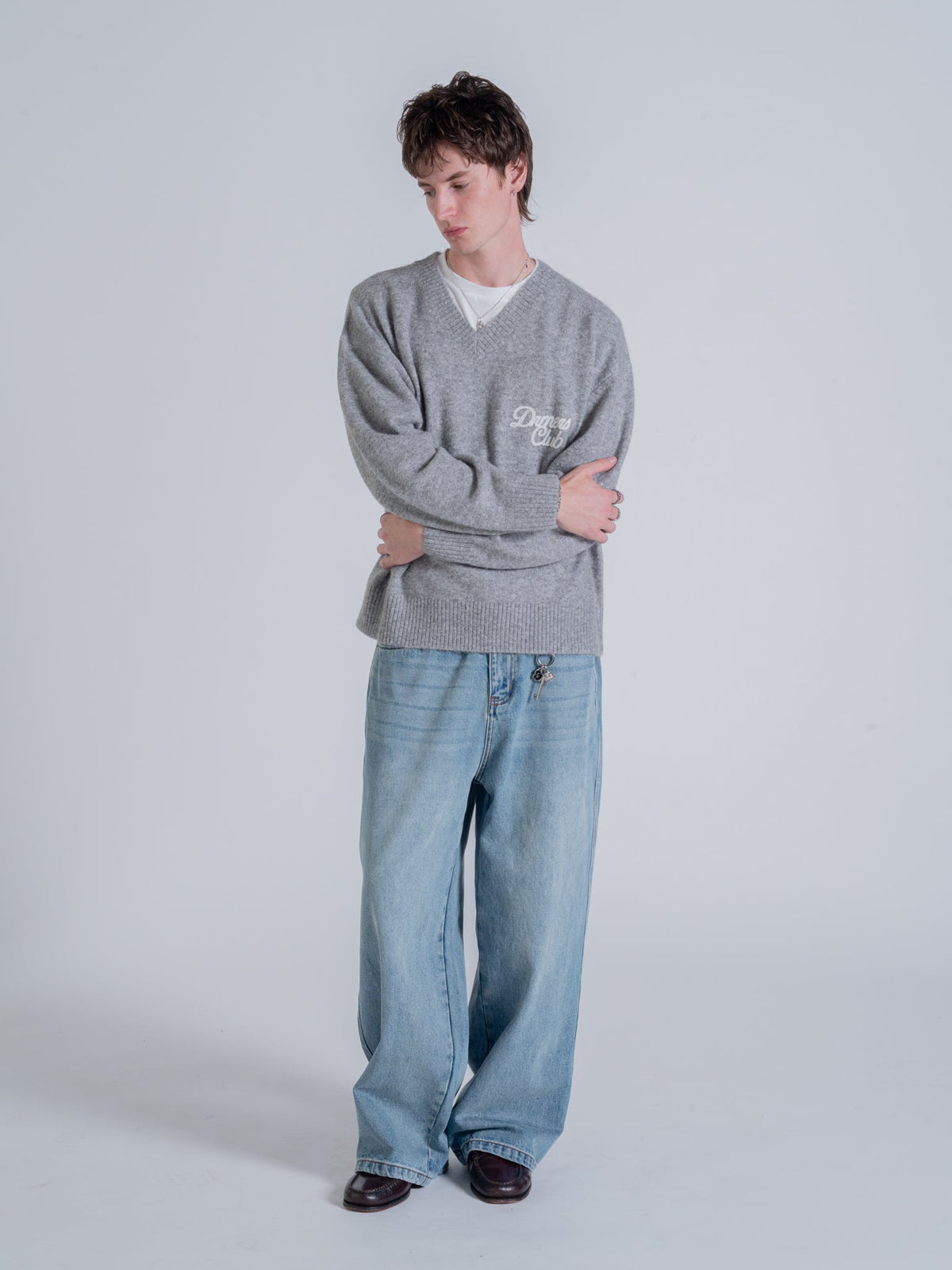 SLOUCHY V-NECK KNIT - GREY