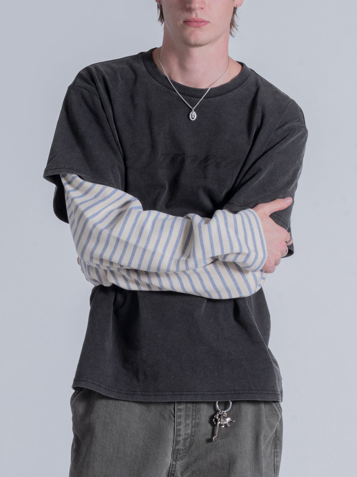 STRIPED SLEEVE LAYERED TEE - VINTAGE BLACK