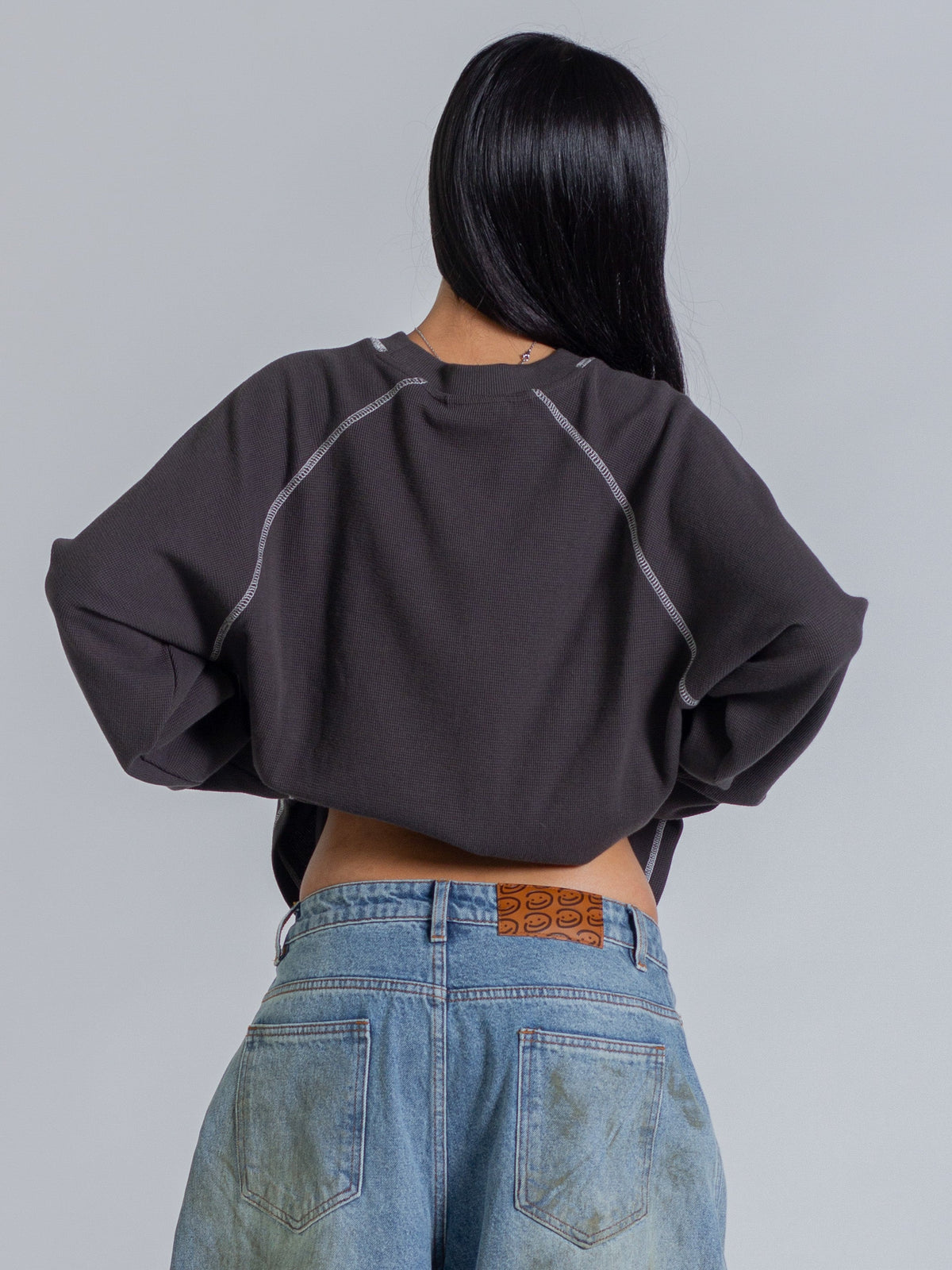 SMILEY WAFFLE LONG SLEEVE TEE - MIDNIGHT CHARCOAL