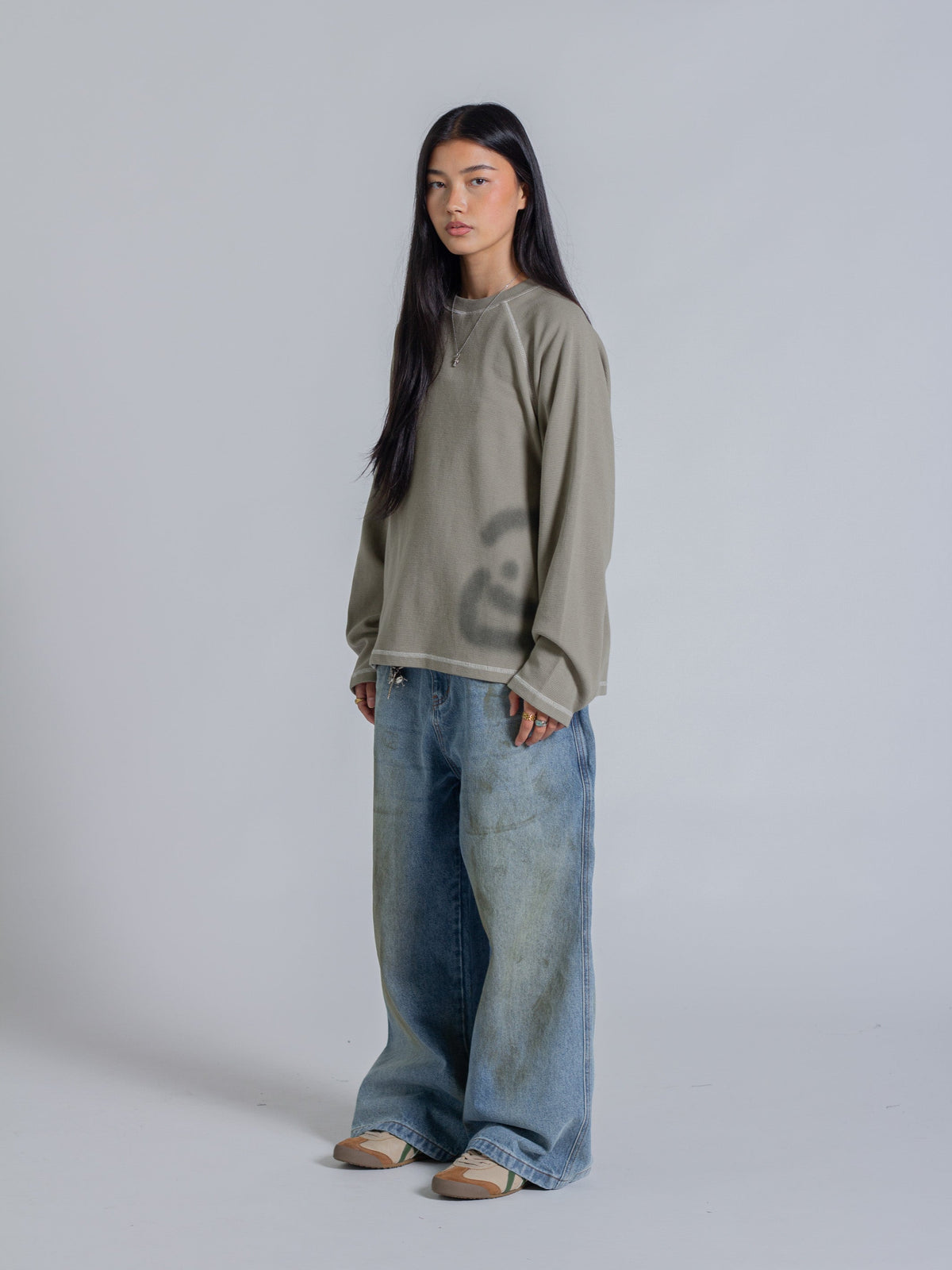 SMILEY WAFFLE LONG SLEEVE TEE - SAGE SMOKE