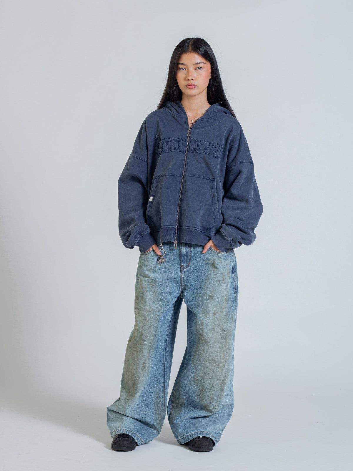 DISTRESSED LOGO ZIP UP - NAVY