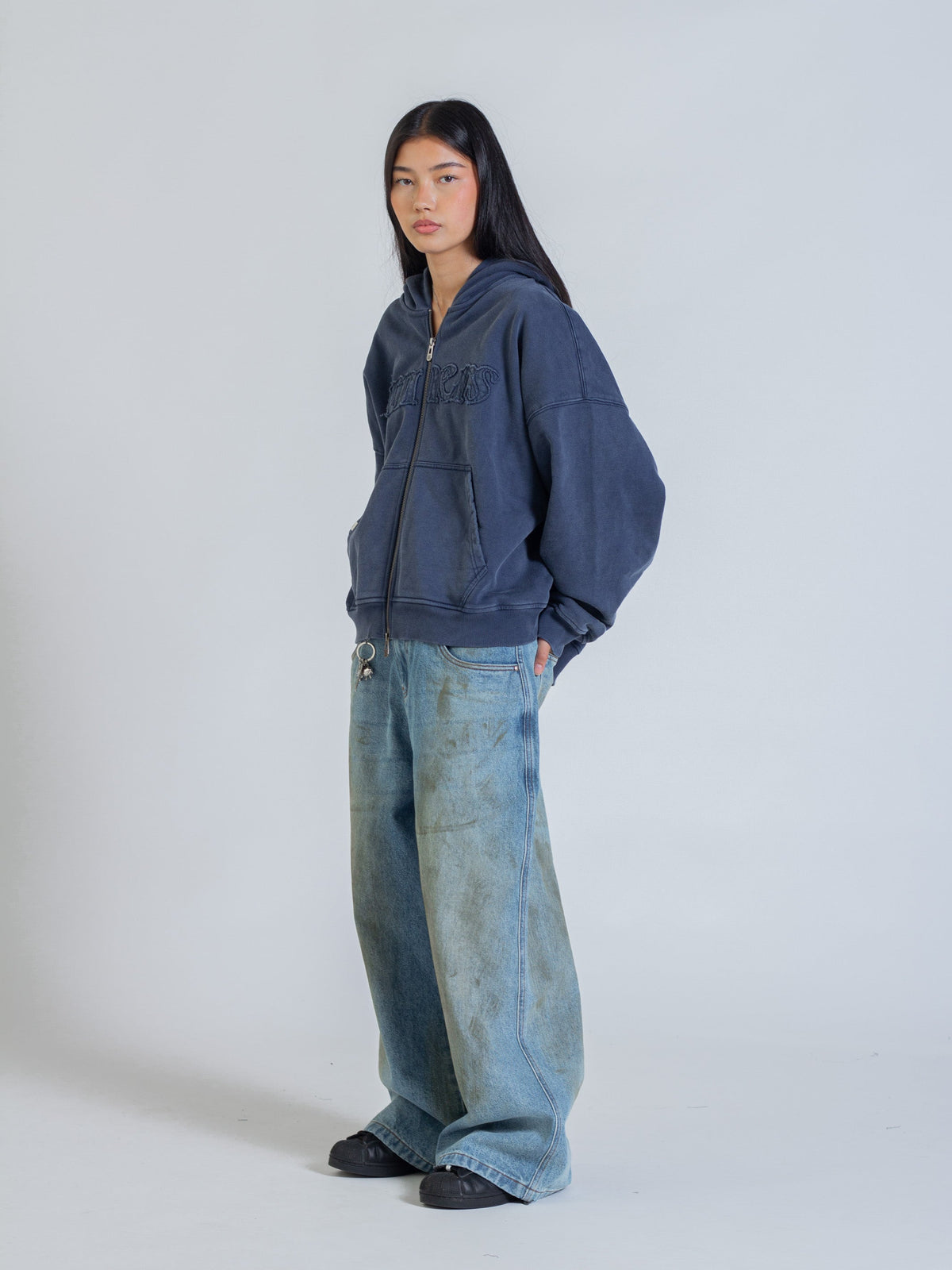 DISTRESSED LOGO ZIP UP - NAVY