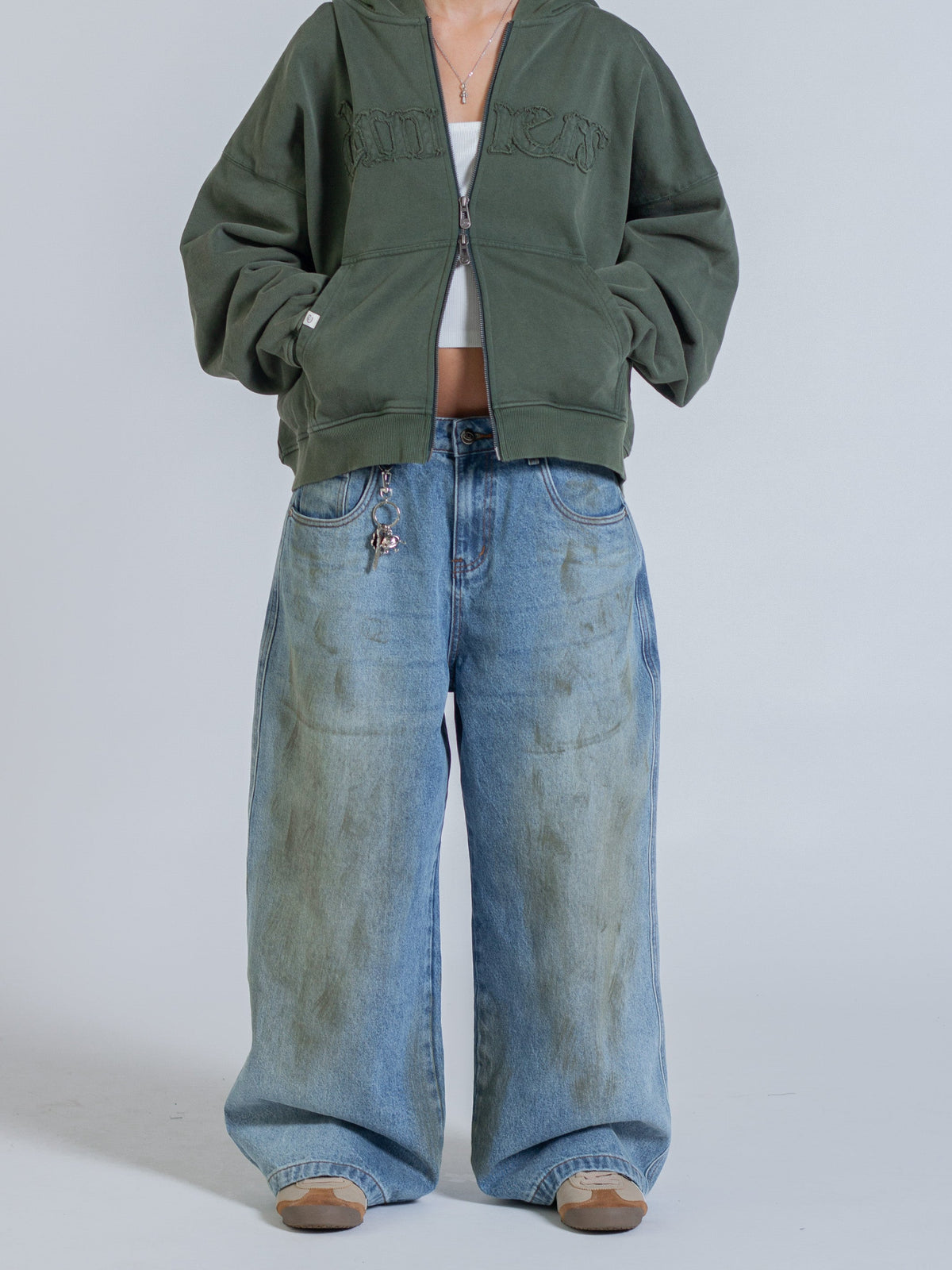 DISTRESSED LOGO ZIP UP - FADED PINE
