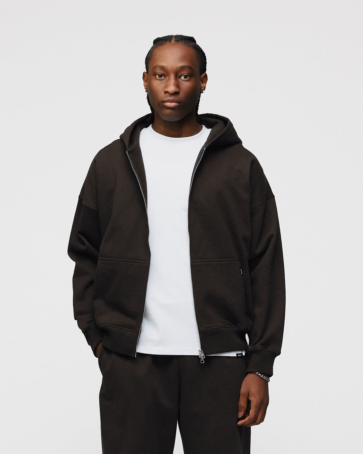 Drop Shoulder Zip Hoodie - Espresso
