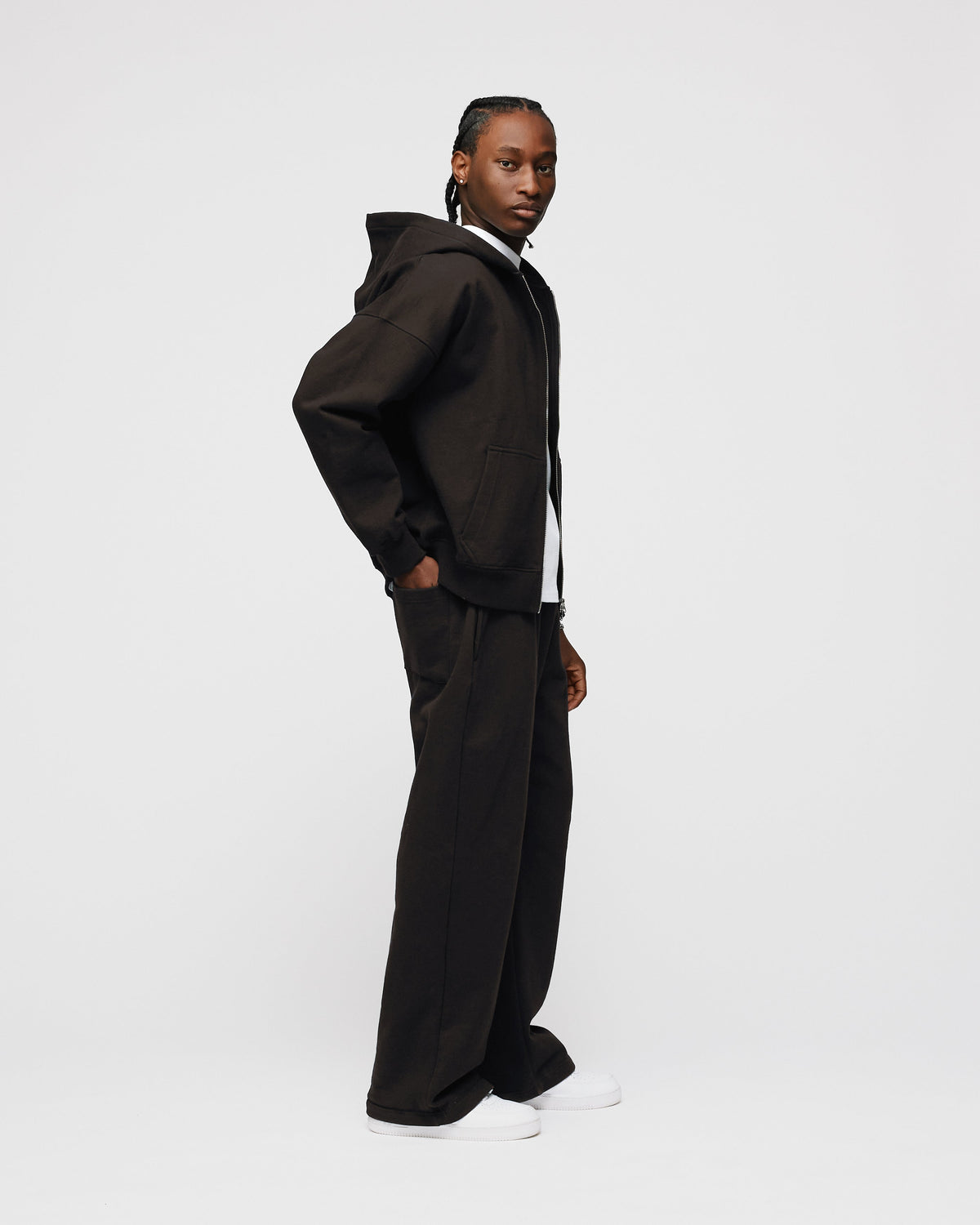 Drop Shoulder Zip Hoodie - Espresso