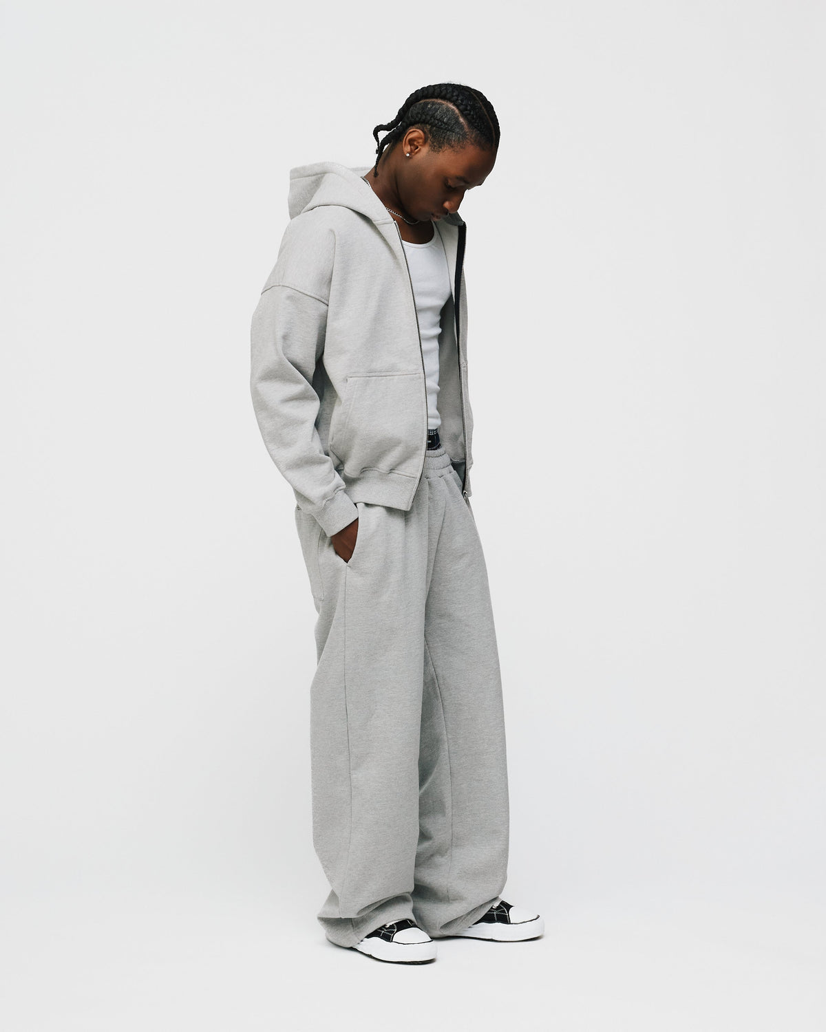 Drop Shoulder Zip Hoodie - Grey