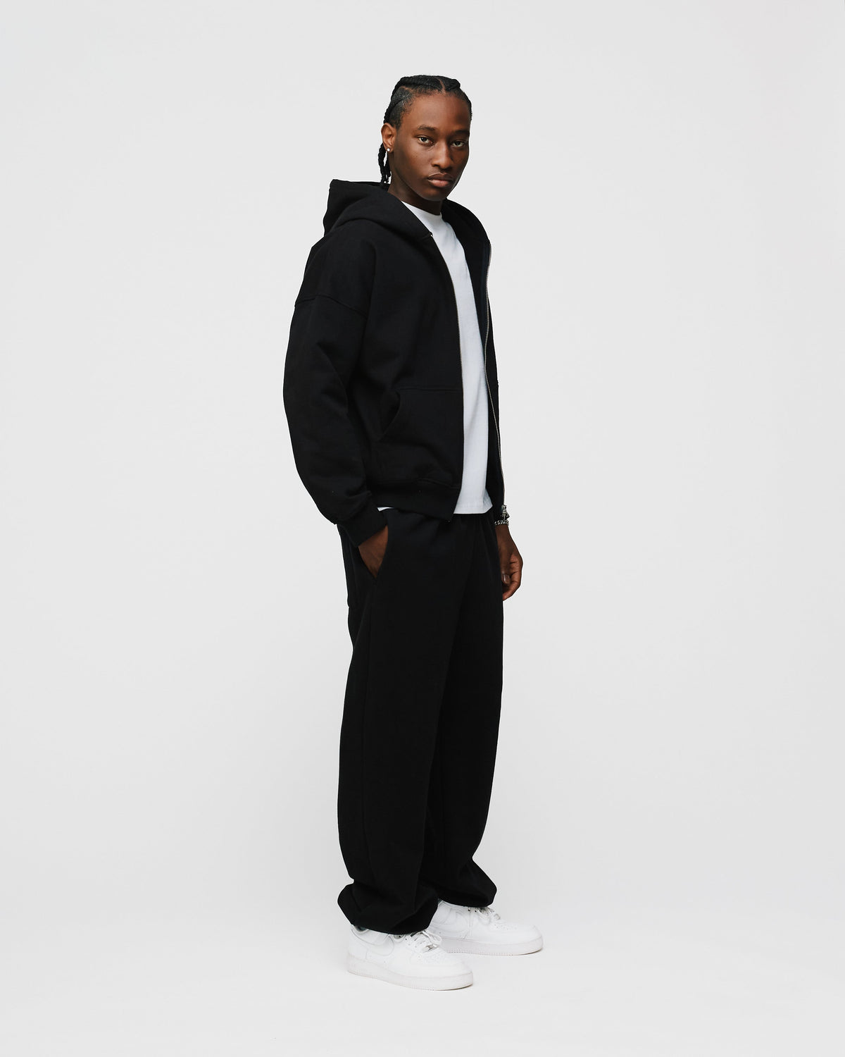 Drop Shoulder Zip Hoodie - Black