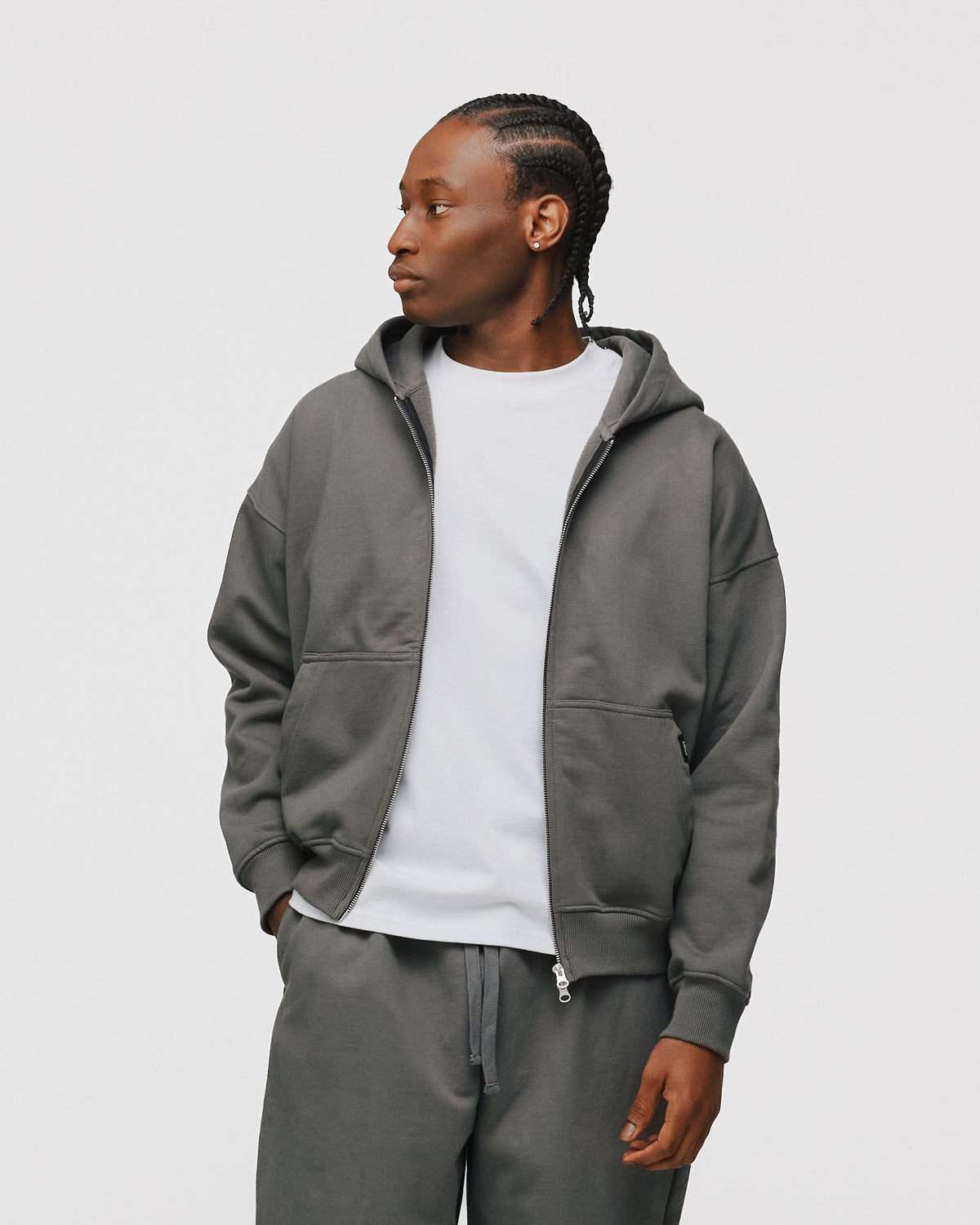 Drop Shoulder Zip Hoodie - Charcoal