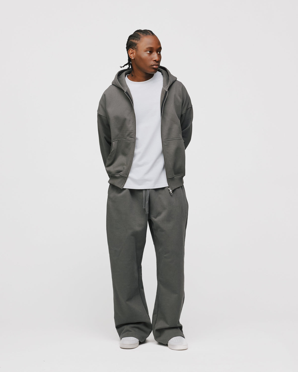 Drop Shoulder Zip Hoodie - Charcoal