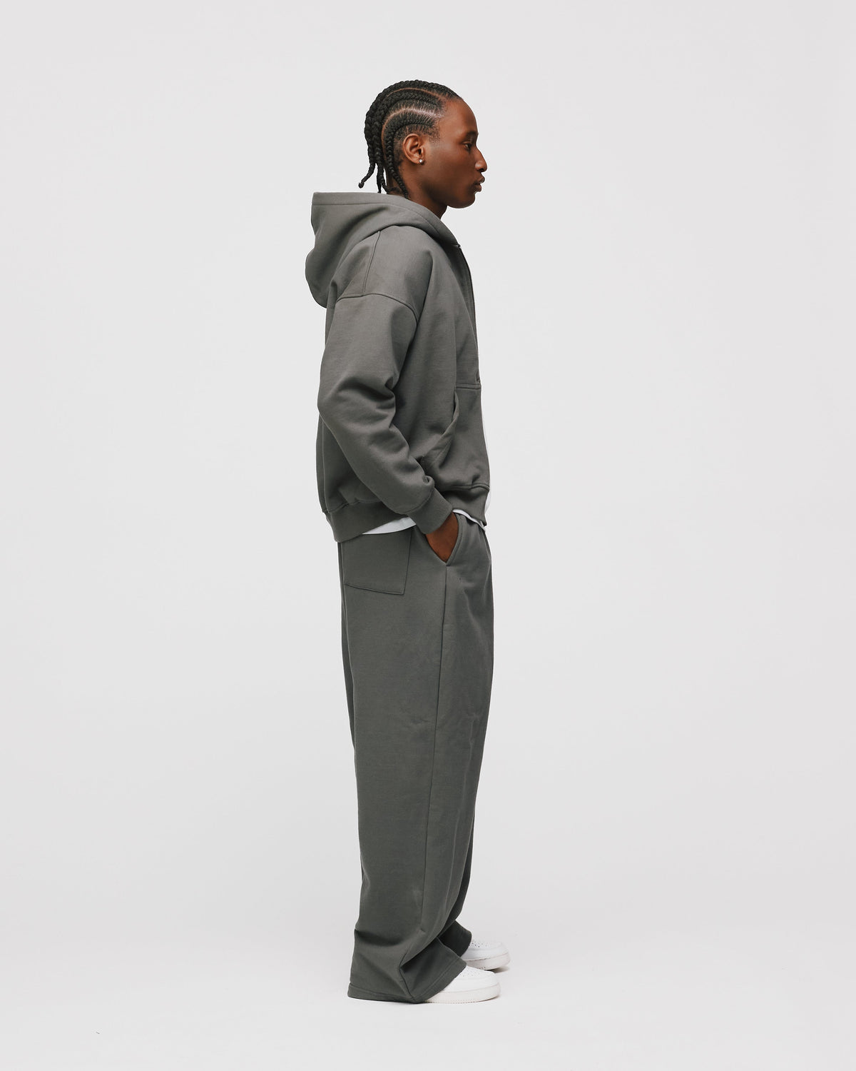 Drop Shoulder Zip Hoodie - Charcoal
