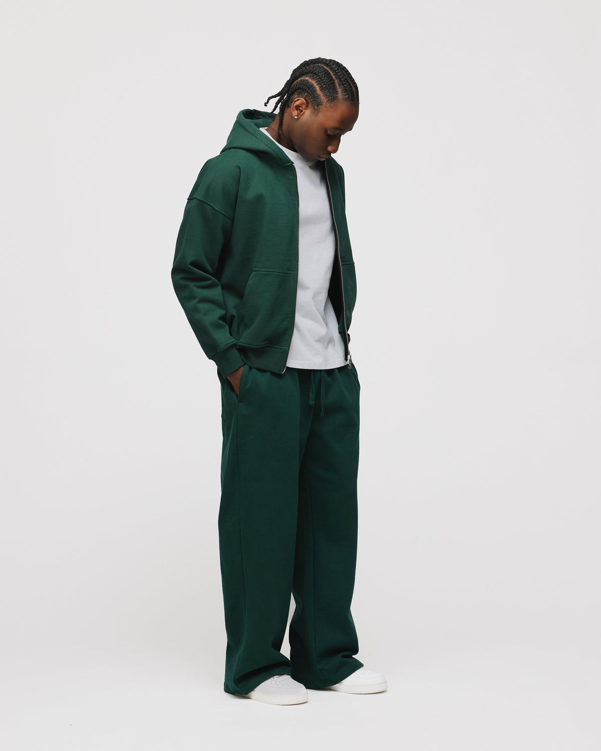 Drop Shoulder Zip Hoodie - Forest Green