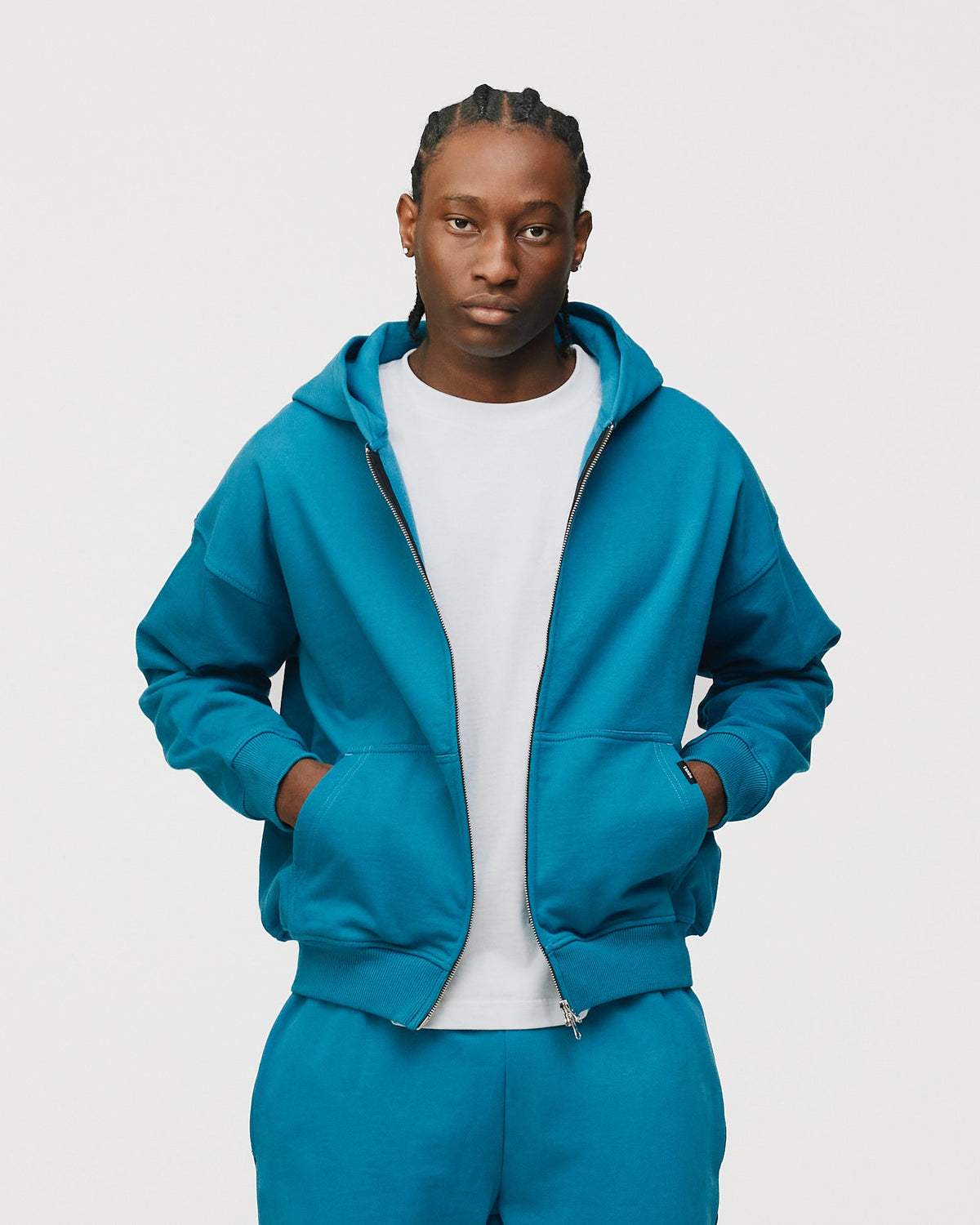 Drop Shoulder Zip Hoodie - Aqua